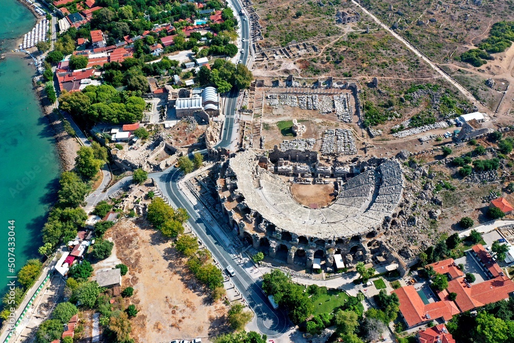 The ancient city of Side. Old city, amphitheater, columned street, city wall. Turkey. Shooting from a drone