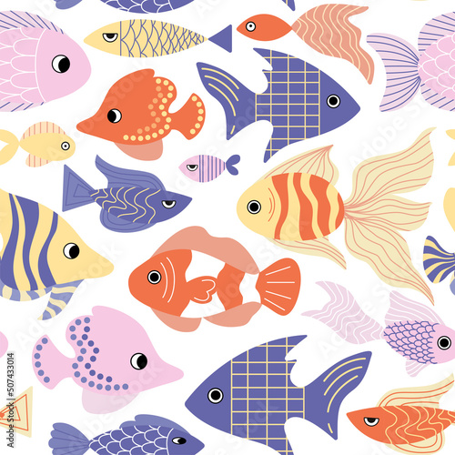 Cute seamless childish pattern with sea animals and fish. Bright background for the design of textiles  notepads  wallpaper  paper