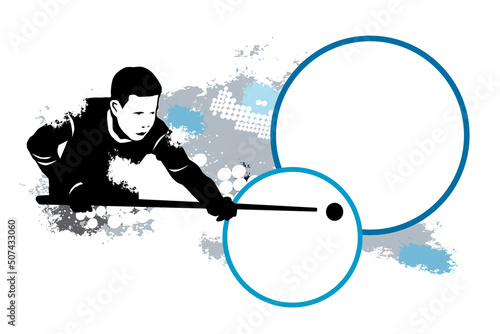 Billiard sport graphic with dynamic background and text buttons.