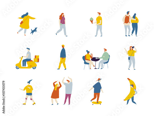 People outdoor activities flat vector characters silhouette.