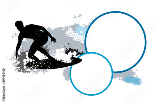 Surfing graphic with dynamic background and text buttons.