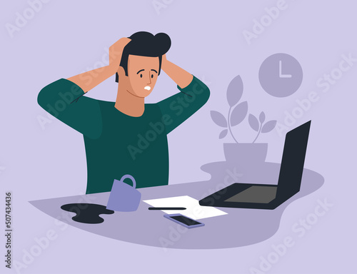 Online work. Man with a laptop. People and business. The working process. Problems at work. Infographics, presentation. Freelancer, work from home. Vector image.