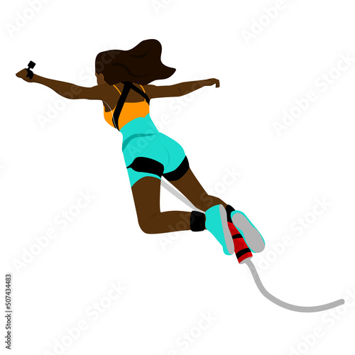 Afro black girl bungee jumping, vector illustration isolated on white background