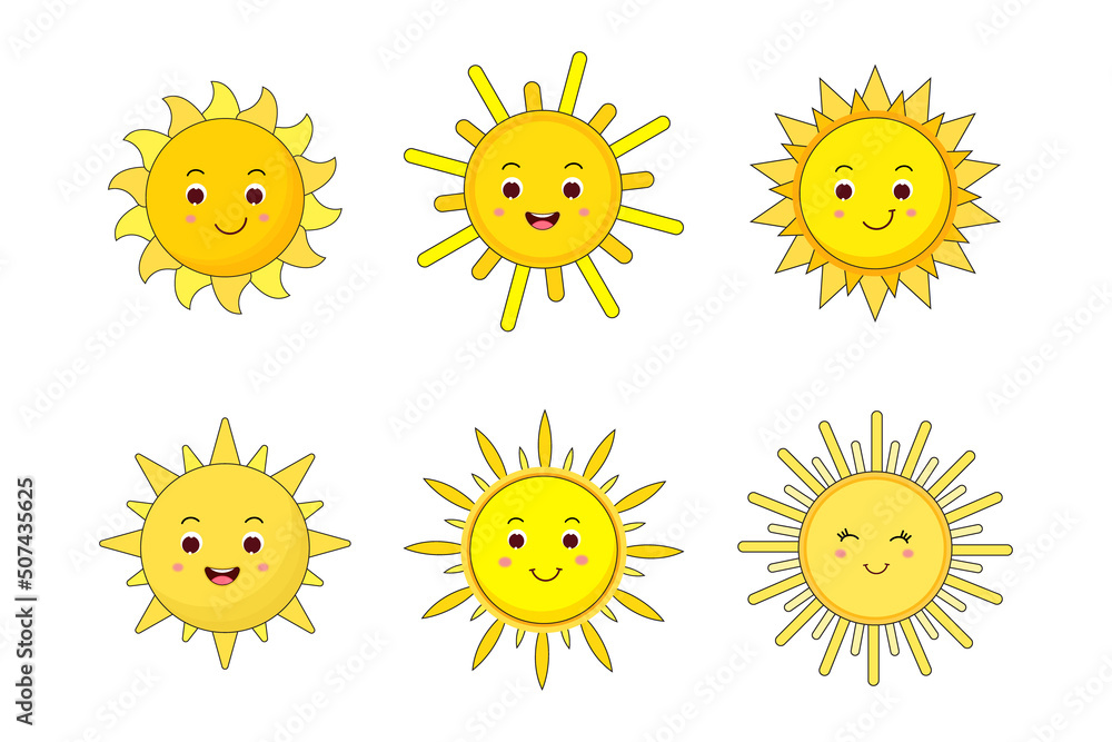 Summer sun collection. Variety of cute sun Summer sun collection. Variety of cute sun