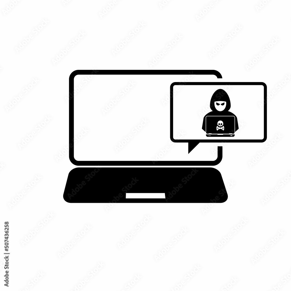 Hacker icon. Hacker with laptop computer stealing confidential data, personal information and credit card detail. Hacking concept. Hacker icon. Hacker with laptop computer stealing confidential data, personal information and credit card detail. Hacking concept.