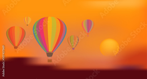 Colorful hot air balloon on the sky at sunset, vector illustration design