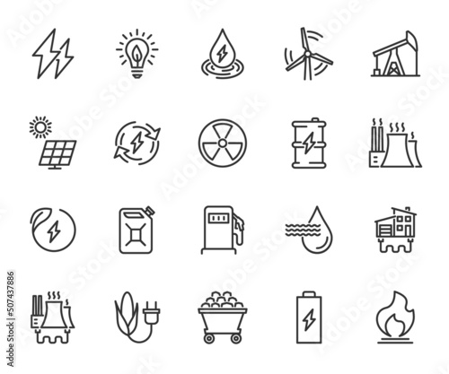 Vector set of energy line icons. Contains icons hydroelectricity, solar panel, renewable energy, fossil fuels, coal, geothermal energy, biomass and more. Pixel perfect.