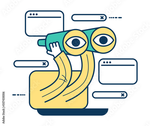 Internet search concept. The process of discovery and research in the network. Cartoon man looks with binoculars.