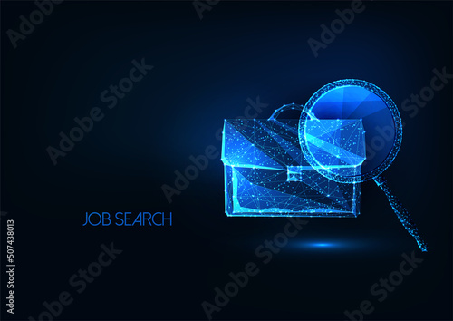 Futuristic job search, recruiting concept with glowing briefcase and magnifying glass on blue