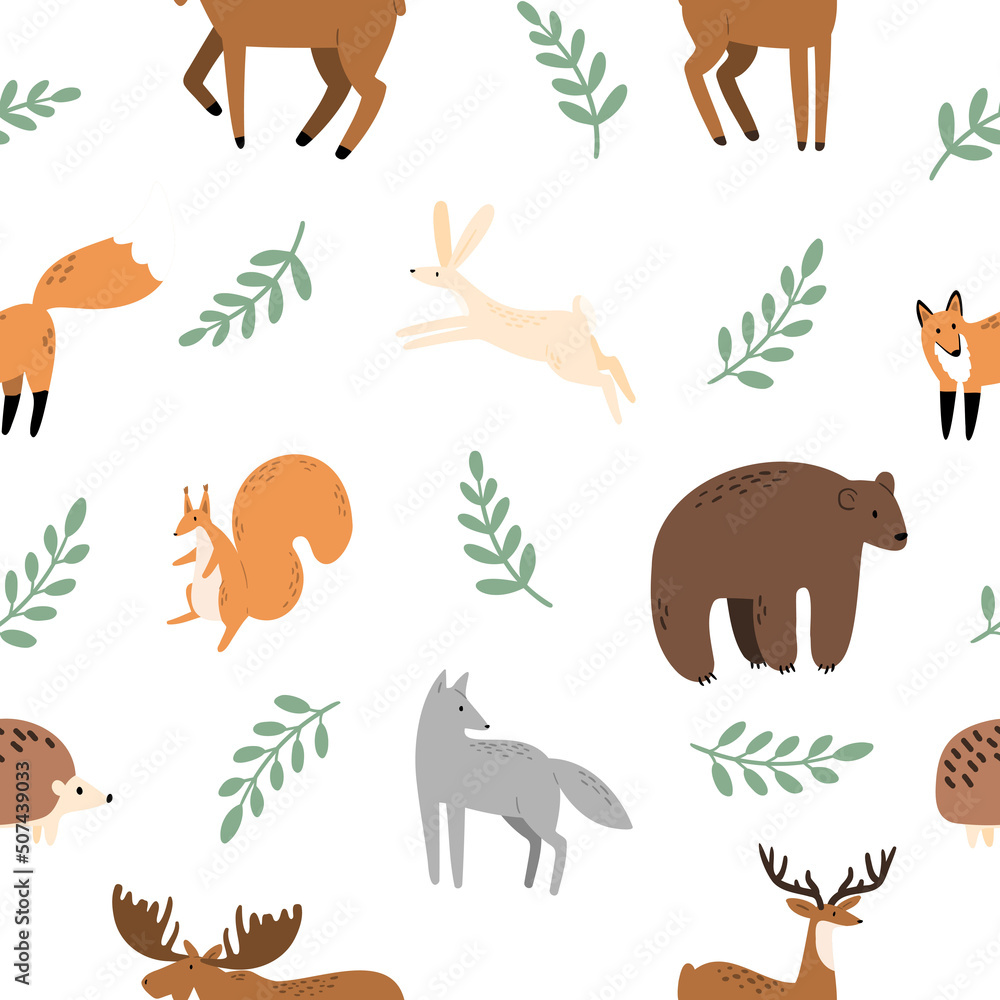 woodland animals seamless pattern, forest digital paper, vector cute ...