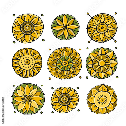 Decorative hand drawn floral mandala. Icons collection for your design