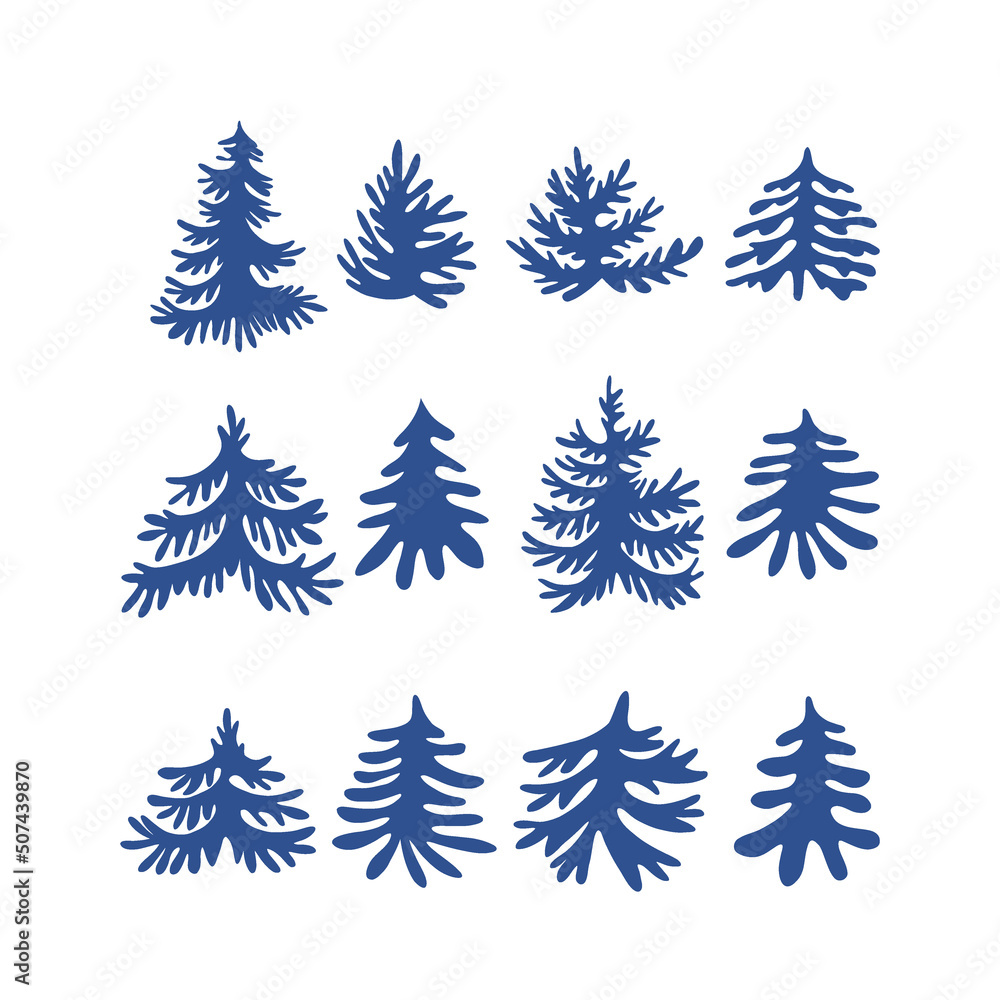 Blue Xmas tree spruce cutout shape Matisse style vector illustration set isolated on white. Winter wonderland pine fir tree print collection for Christmas holiday season decor and card making.