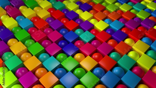 Colorful cubes and spheres. Computer generated 3d render