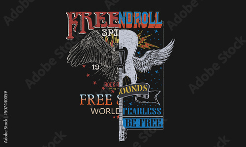 Eagle wing and guitar vector print design for t shirt and others. Wild animal graphic print design for apparel, stickers, posters, background . Music band artwork.