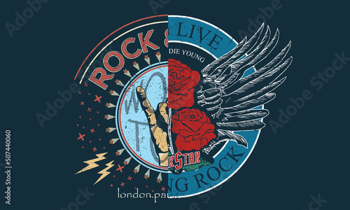 Bird and rose vector print design for t shirt and others. Rock and roll graphic print design for apparel, stickers, posters, background . Eagle and rose flower artwork.