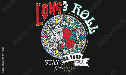 Rock and roll rose graphic print design. Rocking graphic print for posters, stickers, background and others. Stained glass t shirt print design, Colorful motif graphic print. Rose artwork.