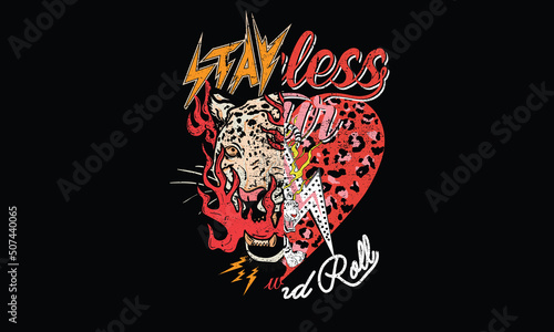 Leopard and thunder vector print design for t shirt and others. Wild animal face and heart graphic print design for apparel, stickers, posters, background . Music fire artwork.