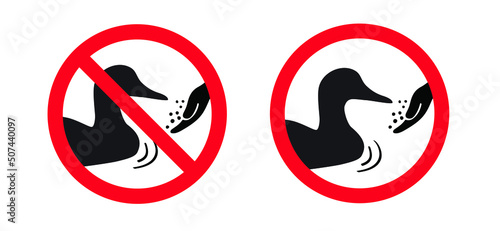 Stop, do not feed duck. No Hand feeds. Animal Forbidden, do not feed the birds on street city. Ducks warning sign. Vector birds icons. Caution signbaord. Forbid Prohibited pictoram. No ban Stop halt. 