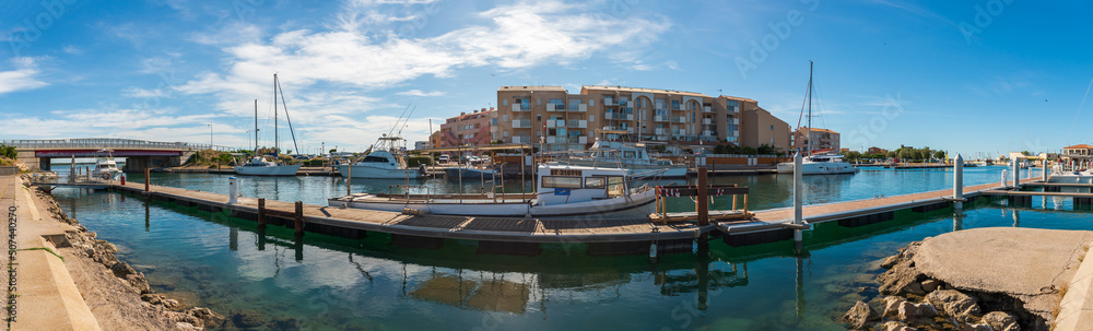 Panoramic of the marina of Frontignan plage, in Hérault, in Occitanie, France