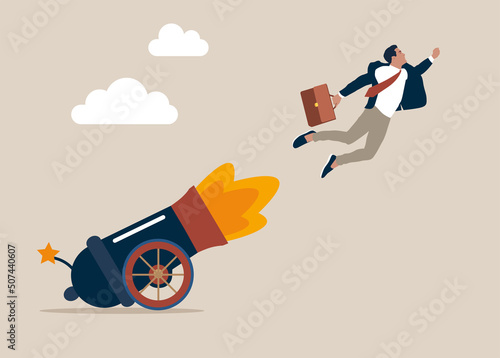 Fototapeta Entrepreneur shot from explosive cannon boosting high to achieve business success