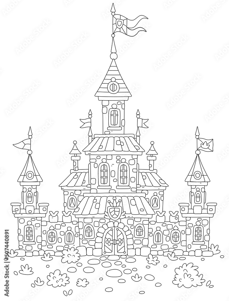 Ancient castle with high towers, defensive stone walls, gates and waving royal flags from a fairytale, black and white outline vector illustration for a coloring book page