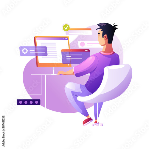 Programmer concentrated at working project. Developing programming and coding technologies. Screen with codes, developer at work with task. Geek coding software with laptop and pc. Isolated vector