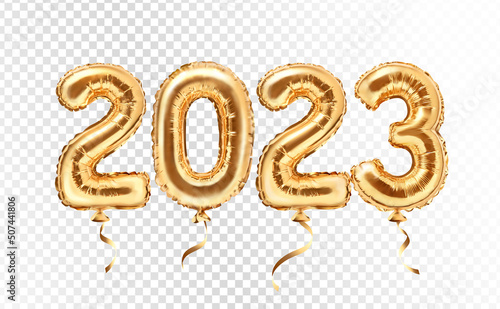 2023 golden decoration holiday on transparent background. Gold foil balloons numeral 2023. Realistic 3d vector illustration