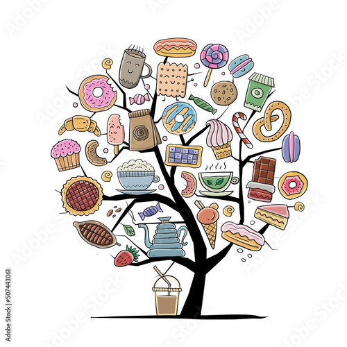 Coffee shop menu elements. Art tree concept. Desserts and sweets. Hand drawn sketch for your design