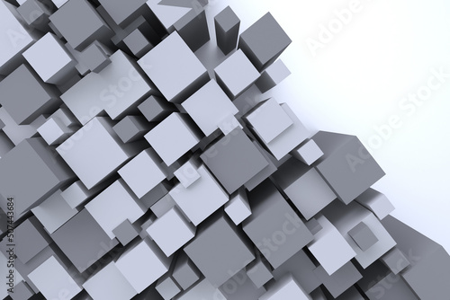 Diagonal composition of white cubes of different sizes on a white background