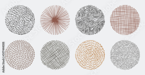 Set of hand drawn abstract lines and curves patterns. Circle doodle background frame elements. © Bisams
