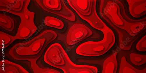 Red abstract papercut background with 3d geometry circles. Red paper cut banner with 3D slime abstract background and red waves layers. Color waves. Vector abstract topographic map concept with space 