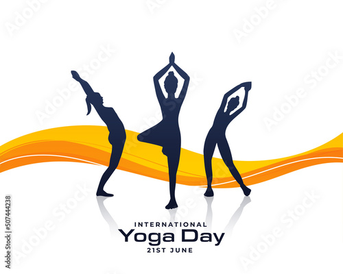 international yoga day concept with sihouettes of females and orange wave photo