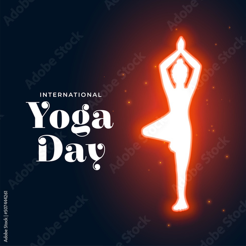 international yoga day poster with glowing silhouette of female full of energy