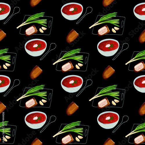 Seamless pattern with Illustration plate of borsch Ukrainian cuisine