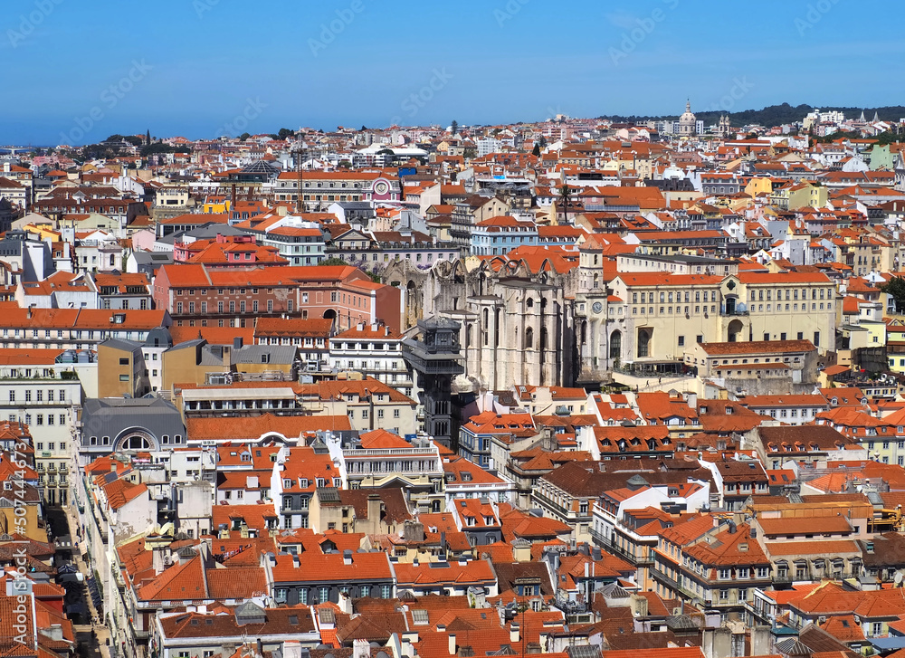Aerial view of Santa Justa or Carmo lift or elevator in the city of Lisbon, Portugal