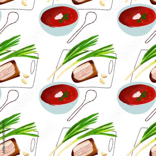 Seamless pattern with Illustration plate of borsch Ukrainian cuisine