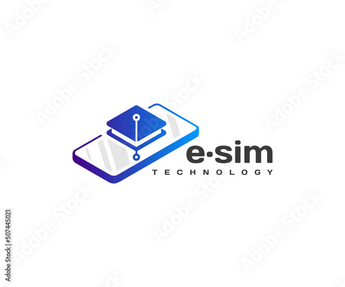 Embedded sim card with smartphone logo design. Digital eSIM chip motherboard vector design. Mobile communication technology logotype