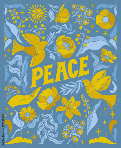 Peace poster. No war sign. Floral and flower ornamental decorations. Hand drawn Vector illustration. Organic drawings. Support Ukraine. Vintage style.