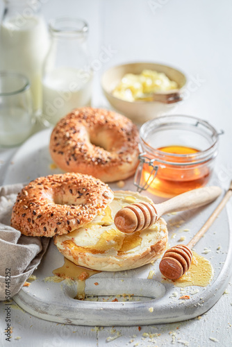 Sweet and healthy golden bagels for tasty breakfast.