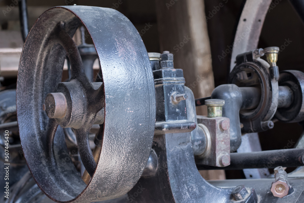 Parts of a steam engine in close-up shows the technology and aesthetics