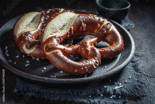 Crispy and hot pretzels with salt freshly baked at home.