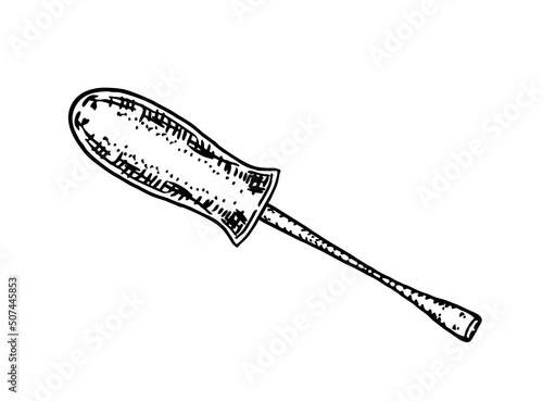 Slotted screwdriver with common blade. Hand drawn vector screwdriver clipart. Isolated on white background drawing. Sketch vector illustration