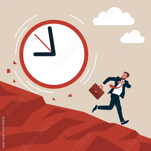 Businessman running away from falling rolling huge clock down hill. Run out of time, work deadline, time countdown or time management concept. Business concept. Vector illustration.