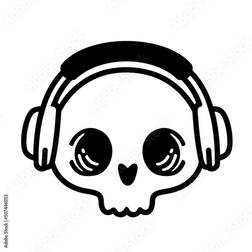 Skull with headphones vector illustration. Cut Head of character in headphones. Design element for poster, emblem, sign, t shirt. Sound technology concept for online games topic or tattoo template