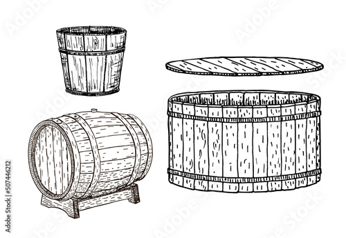 Barrels, tubs made of wood sketch. Containers for wine or other food products.