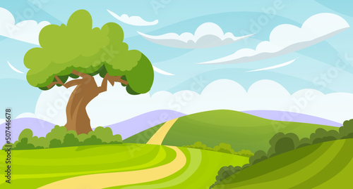 landscape with trees and hills . Vector background with country road passes through the fields.