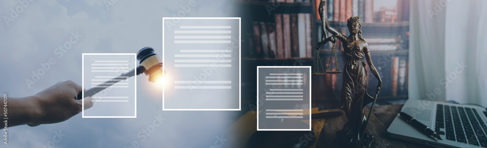 justice and law concept.Male judge in a courtroom on wooden table and Counselor or Male lawyer working in office. Legal law, advice and justice concept.