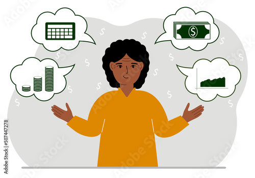 Happy woman thinking about finances. In my thoughts money, calculator, charts. For posters, banners, websites.