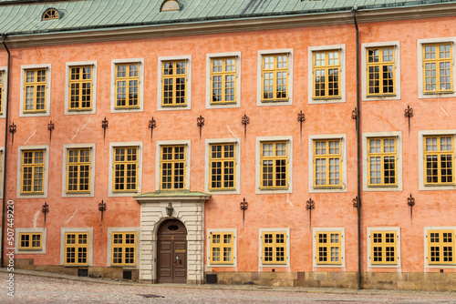 Facade and entrance of historic building in Stockholm, Sweden. No visible people.