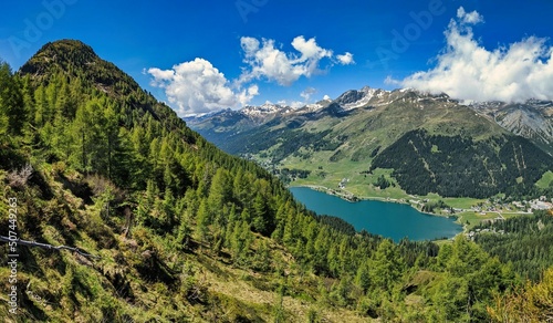 Davos, View of the highest town in the Alps from mount Seehorn. Hiking spring .Beautiful mountain panorama in Graubunden. Switzerland